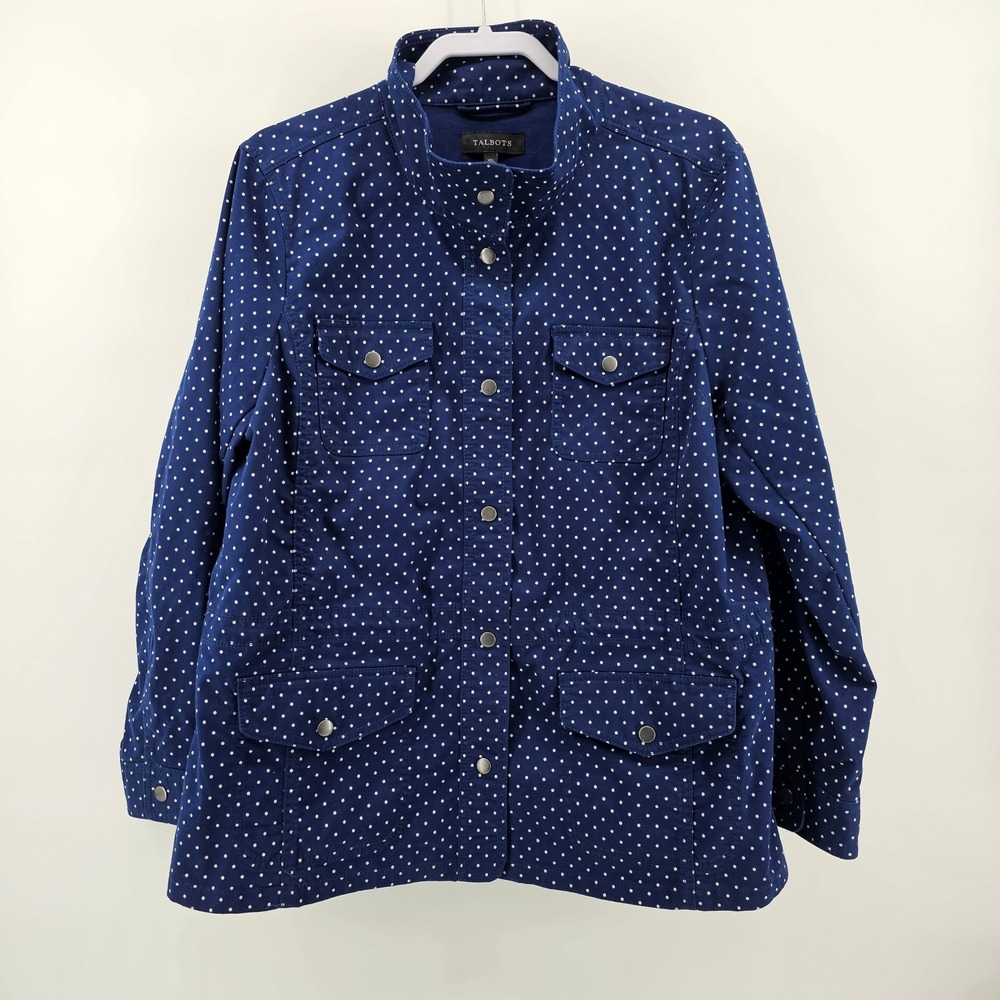 Talbots Utility Jacket Women XL Blue Polka Dot Snap Front Drawstring Waist
